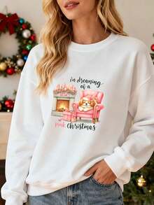 Blusa de sudor para mujer con estampado de perro durmiendo, chimenea y regalos de Navidad, suave y cálida, ideal para fiestas y regalos en la temporada navideña, Gift for Her, estilo cute y festivo - Blanco - Ver 1