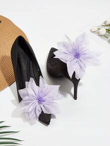 New Water-Gloss Organza Flower Detachable Shoe Buckle 1 Pair Slouchy Shoe Decor Accessory Suitable For High Heels/Flats/Loafers Wedding Party Essential - Purple - View 3