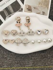 16PCS Bling Rhinestone Ballet Girl ABS Shoe Charms DIY Accessories Luxury Golden Crown Heart Clog Shoe Buckles Decorations Faux Pearls Shoe Clip Decor - 16 Styles - View 11