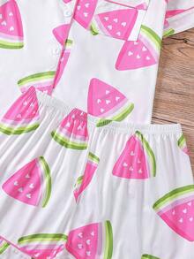 女士西瓜印花睡衣套装（两件套），柔软面料短袖衬衫，带领子和纽扣，弹性短裤，时尚睡衣，适合户外、派对、度假、休闲穿着。 - 粉色 - 查看 6