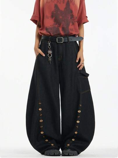 1pc Justice Brother Vintage Patchwork Embroidered Men's Denim Jeans, Resin Button Flared Leg Casual Loose Fit Trousers (Belt & Accessories Not Included)