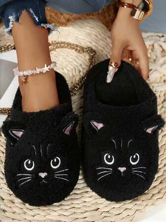 Women's Plush Cat Pattern Slippers - Soft & Comfortable Indoor House Shoes, Cute Cartoon Cat Home Slippers For Spring, Autumn & Winter, Casual & Convenient, Soft Lining, Comfortable & Breathable, Daily Match, Couple Slippers, Women's Slippers With Fleece Lining For Warmth, Room Shoes, Men's House Slippers
