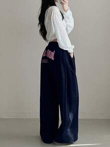 舒适百搭印花休闲阔腿裤 春季 - 藏蓝色 - 查看 3