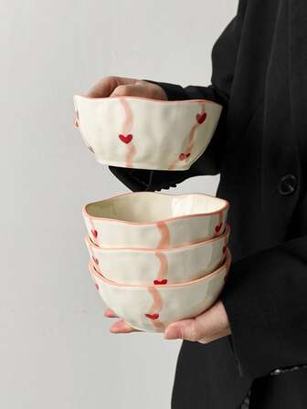 1个/2个装ins风丝带爱心陶瓷碗，家用饭碗，早餐酸奶燕麦碗，水果沙拉碗，下午茶甜点冰淇淋碗，节日派对餐具