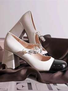 Scarpe Mary Jane con catena di perle nere e bianche, pumps con tacco chunky vintage per vacanze e appuntamenti - Bianco - Visualizzare 5