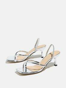 Women's Elegant High Heel Shoes, Suitable For Nightclub, Party, Outdoor, Banquet, Square Toe, Shiny Criss-Cross Strap, Comfortable Ankle Strap, Sexy And Luxurious Silver High Heels, Formal Occasion Sandals