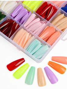 576 piezas Uñas postizas de ataúd de larga duración, uñas falsas de unicolor, uñas acrílicas brillantes de cobertura completa para pegar, 576 piezas, 24 colores, uñas artificiales reutilizables para manicura de mujeres