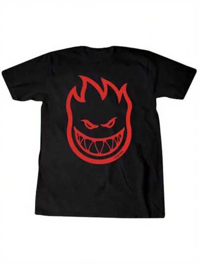 Camiseta de Hombre con Estampado Gráfico Negro - Camiseta de Llama Roja Intensa para Skateboarding y Ropa de Calle - Camiseta Casual Transpirable de Cuello Redondo - Lavable a Máquina Esencial para Atuendos Urbanos Diarios, Camisetas de Skateboarding, Ropa de Skateboarding, Diseño Agresivo, Tela No Transparente