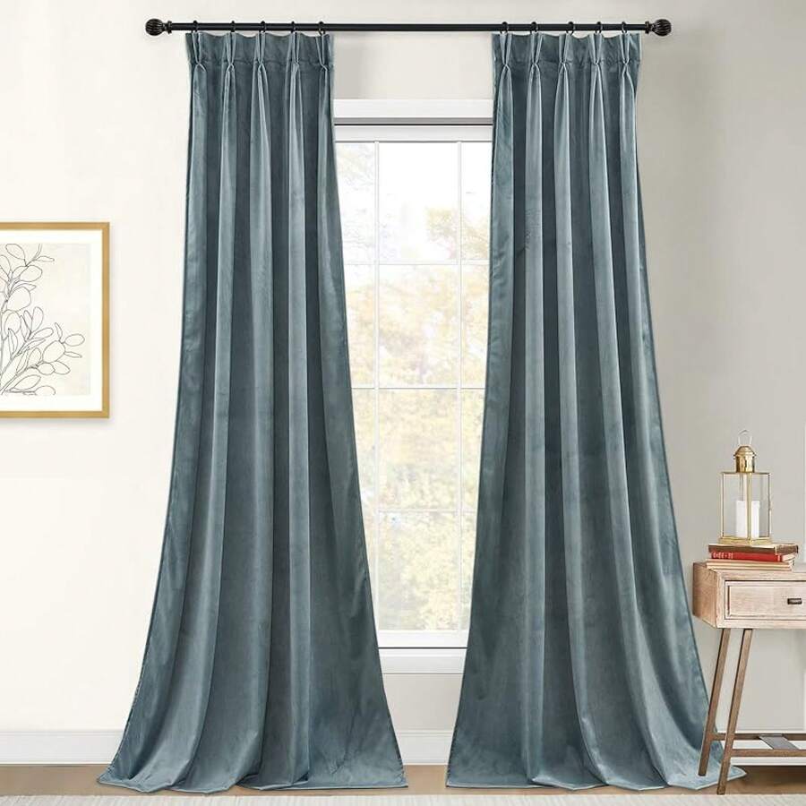 Olive Green Pinch Pleated Curtains 96 Inches Long, Thermal Insulated Window Drapes With Hooks, Soft Track System Panels Living Room, W38 X L96, 2 Panels, Home Decor - 石藍色 - 查看 1