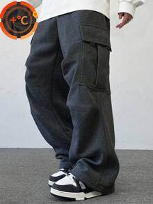 1件青少年男童休闲宽松户外运动健身侧袋抓绒针织直筒裤，加厚保暖，春/秋/冬季 - 深灰色 - 查看 7