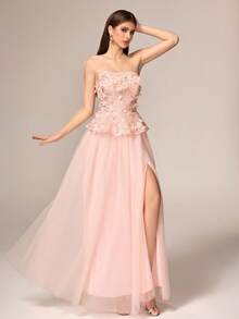 VIPGIRL Elegant Luxury Women's Pink Strapless Mesh Fabric Formal Dress With Sequin And Floral Appliques Long Flowy Silhouette For Evening Events - 粉色 - 查看 1