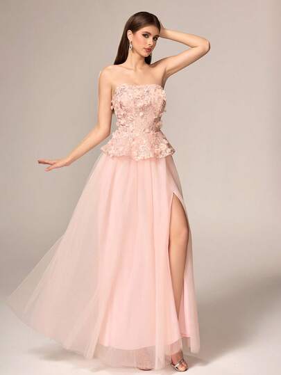 VIPGIRL Elegante y lujoso vestido formal de mujer de tela de malla sin tirantes de color rosa con lentejuelas y aplicaciones florales, silueta larga y fluida para eventos de noche y fiestas