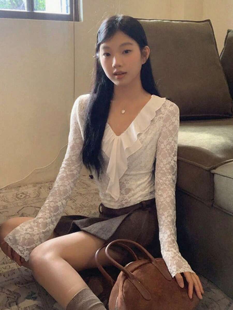 Women's Solid V-Neck Long Sleeve Fitted Lace Ruffle Casual Blouse, Spring/Summer - White - View 1