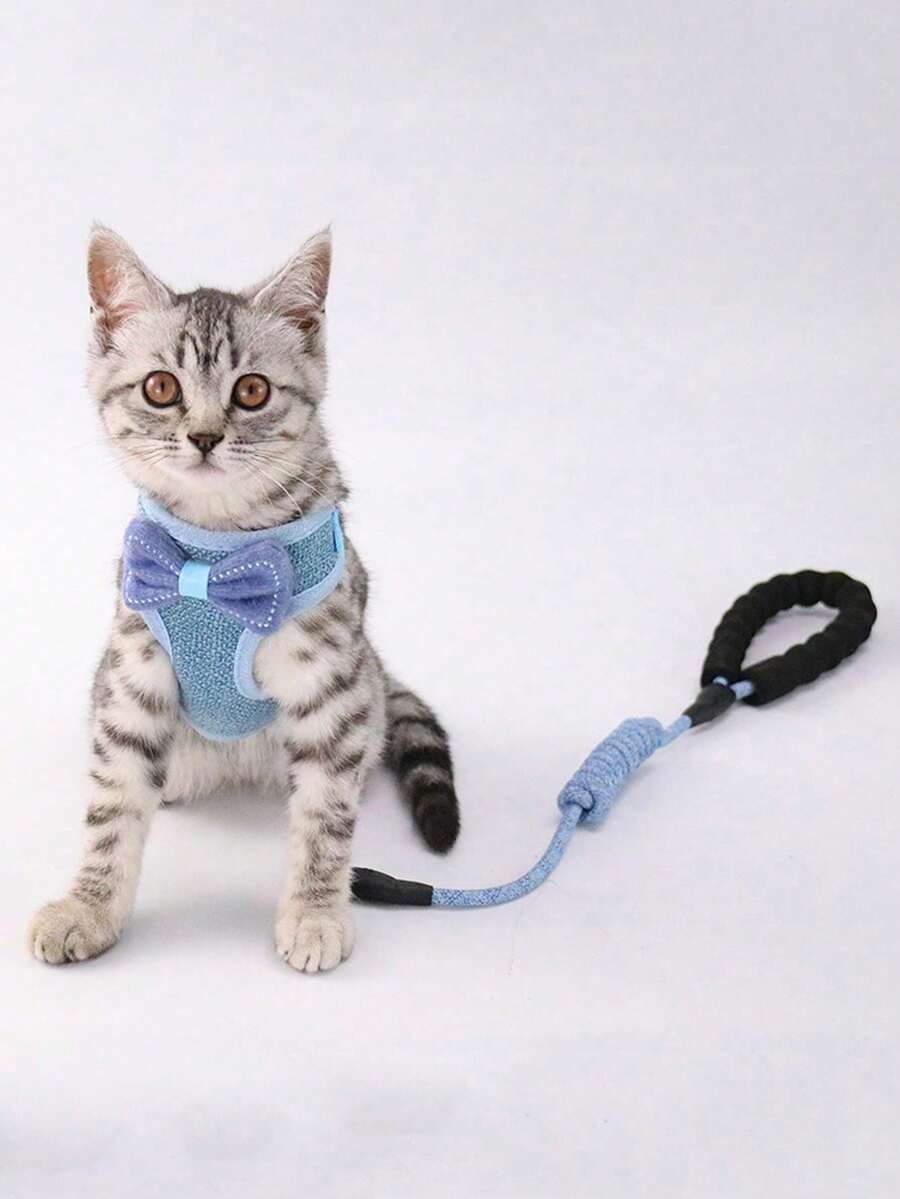 1pc Bow Tie Style Adjustable Cat Harness & Leash Set, Escape Proof Design Suitable For Cats And Small Dogs - Blue - View 1
