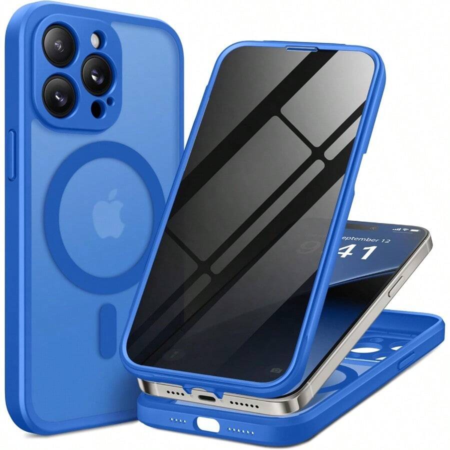MX BERFY - Funda para iPhone 14 Pro Max compatible con protector de visualización de privacidad integrado y protección de cámara antiespía cuerpo completo a prueba de golpes mate para 14 Pro - AzulKlein - Ver 1