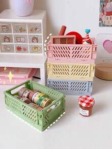 1pc Large Capacity Stationery & Toy Storage Basket, Desktop Cosmetic Organizer Box, Plastic Storage Basket, Foldable Clutter Organizer Box With Handle, Stackable, Art Supplies Storage Box - Multicolor - View 4