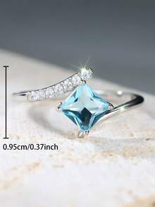 925 Sterling Silver Princess Cut Aquamarine Cubic Zirconia Ring, Engagement/Wedding/Anniversary/Birthday Gift, Luxury Jewelry - Baby Blue - View 5
