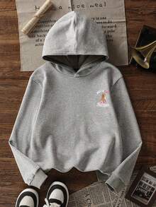 1pc Tween Girl Thermal Lined Thick Warm Hoodie Sweatshirt, Young Student Clothing, Suitable For Kids Autumn/Winter Long Sleeve Top - Grey - View 5