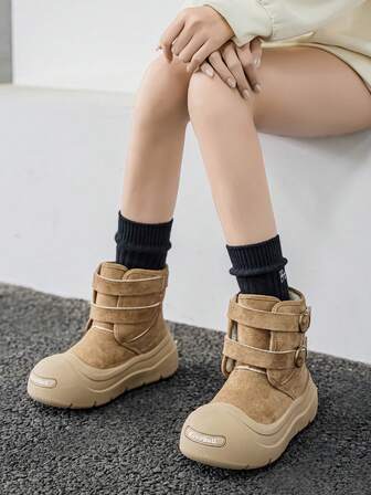 Women's Snow Boots, Autumn/Winter Thermal Lined, Double Buckle Design, Warm, Outdoor Snow Anti-Slip High-Top Shoes, Plush Lining, Round Toe, Fashion Versatile Winter Essential, Cute Big Head Open Mouth Design, Suede Leather, Workwear Boots