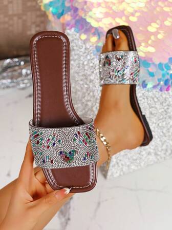 Women's Slip-On Elegant Comfortable Casual Crystal Rhinestone Flat Sandals, Bohemian PU Leather Rhinestone Indoor Outdoor Holiday Wedding Party Shoes, Spring Summer Autumn