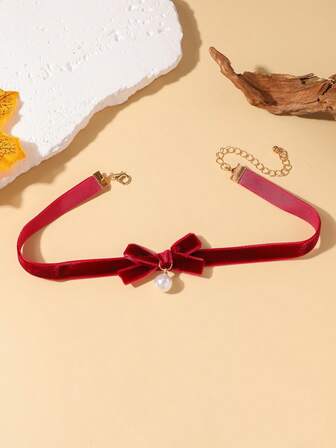 1pc Elegant Bowknot Faux Pearl Pendant Choker Necklace, Suitable For Women's Daily Wear, Balls And Parties