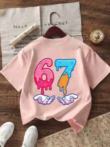 Girls "67" Ice Cream Cartoon Print T-Shirt, Fashionable Summer Top For Girls - Pink - View 5