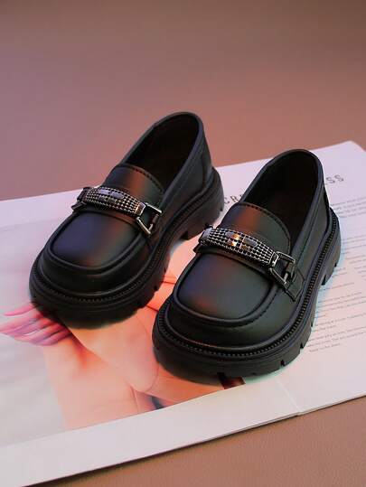 1 Pair Kids Slip-On Loafers, Leather Upper, Casual Shoes For Boys And Girls, Black, Suitable For Teenagers And Children - Low-Top Casual Leather Shoes With Loose Comfortable Round Toe Design, Great For Casual Outfits And Daily Wear, Suitable For Teenagers And Children