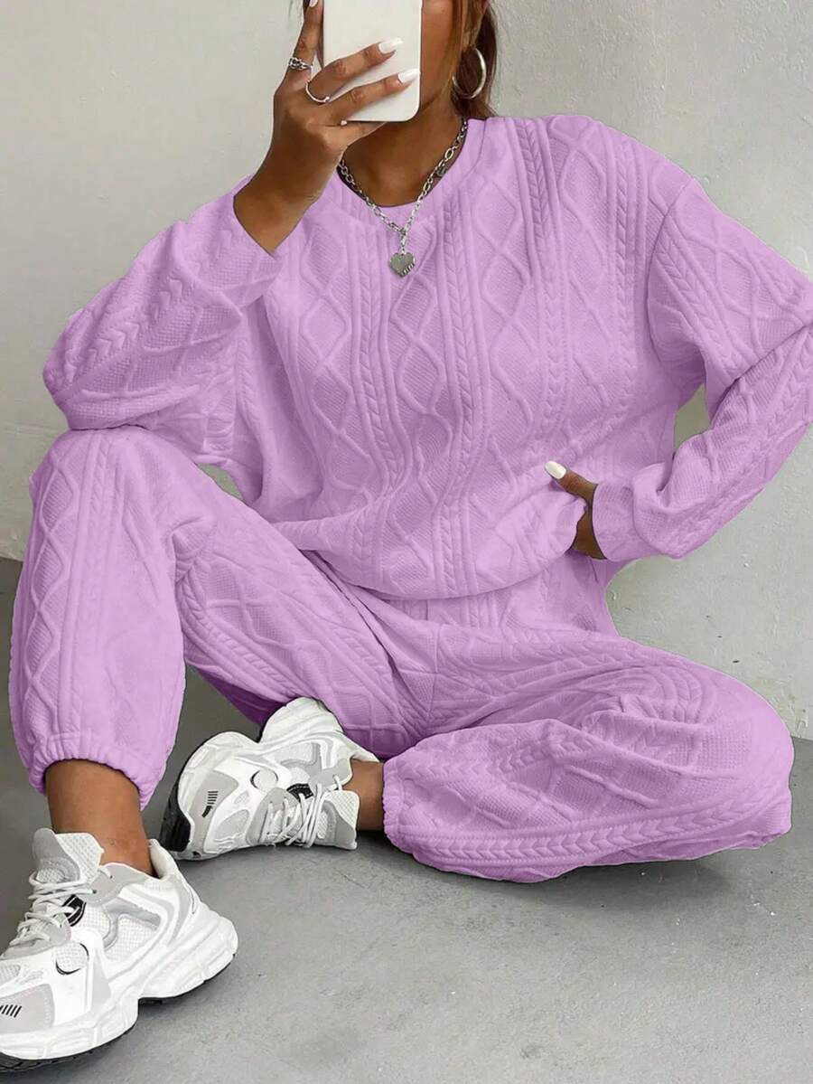 Women's Cozy Cable Knit 2-Piece Tracksuit Set - White & Multi Colors, Loose Fit, Long Sleeve Round Neck Top & Pocketed Joggers, Solid Color, Fall/Winter Outfit, Casual Outdoor Activewear, Versatile Full-Age Loungewear | Cable Knit Texture | Women's Minimalist Sporty Sweatsuit - 紫色 - 查看 1