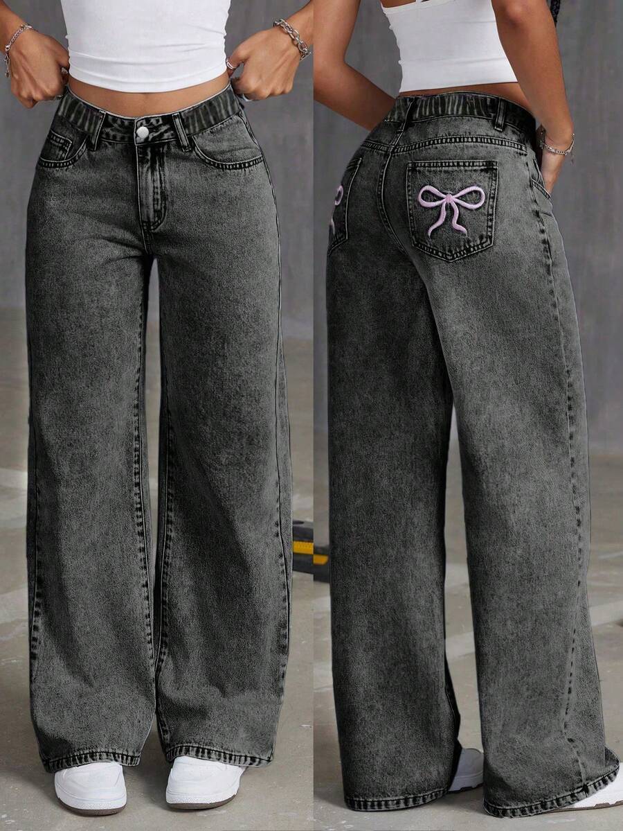 Tween 女童宽松休闲舒适蝴蝶刺绣直筒阔腿牛仔裤 - 黑色 - 查看 1