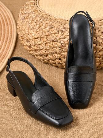 Women's Fashion Patchwork Open Toe Slip-On Pumps, Suitable For Vacation, Travel, Shopping, Outdoor, Retro Casual, Black, High-End Versatile Shoes