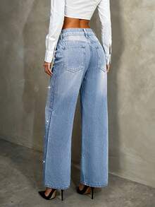 Fashionable Women's Full Rhinestone Embellished Loose Straight Leg Denim Maxi Pants, European And American Style - Light Wash - View 4