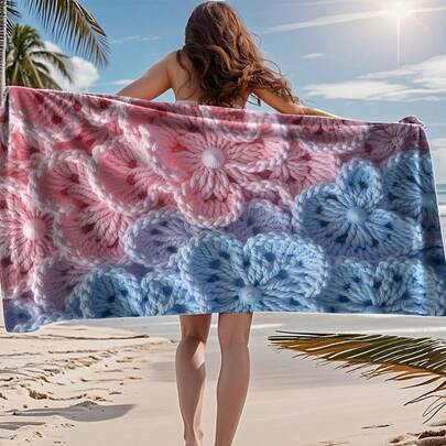 1pc Soft 2D Crochet Style Floral Ombre Beach Towel, Suitable For Beach, Swimming Pool, Camping, Travel, Bathroom, Fitness, Yoga. Extremely Absorbent, Lightweight, Windproof, And Sun-Protective. Perfect For Summer Vacation And Bathroom Decor.