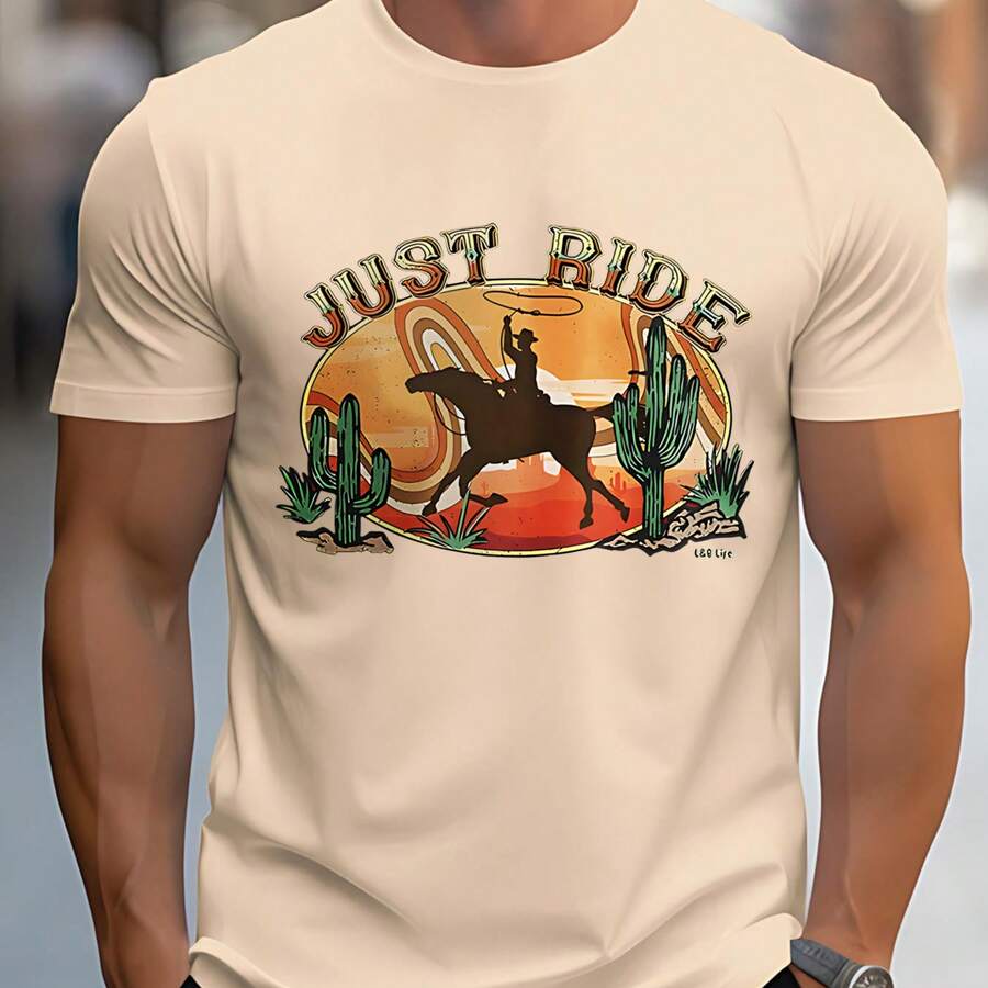 2026 New  Men's T-Shirt Short Sleeve T-Shirt With Cowboy Horse Print And Just Ride Text For Daily Wear And Casual Occasions Summer Autumn Comfortable And Versatile Everyday Outfits - 杏色 - 查看 1