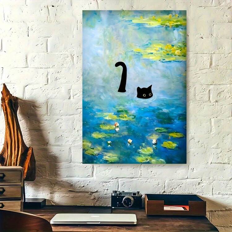 2D Plano, 1 Pieza, Pintura Decorativa de Estanque de Gato Flotante, Marco de Madera, Arte de Pared en Lienzo, Diseño Retro Moderno, Póster Impreso de Alta Calidad, Decoración Elegante para Oficina en Casa, 2D Plano - Multicolor - Añade 10
