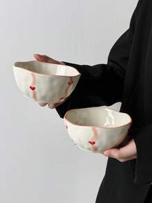 1pc/2pcs Ins Style Ribbon & Heart Ceramic Bowl, Household Rice Bowl, Breakfast Yogurt Oatmeal Bowl, Fruit Salad Bowl, Afternoon Tea Dessert Ice Cream Bowl, Festive Party Tableware