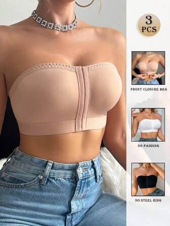 3pcs/Set Solid Color Casual - Comfortable Minimalist Knit Fabric Front Button Wireless Bras For Women, All Season