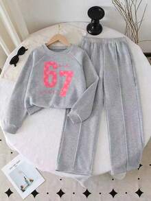 Young Girl Numeric Print Raglan Sleeve Crew Neck Sweatshirt And Wide Leg Pants Casual Suit - Grey - View 1