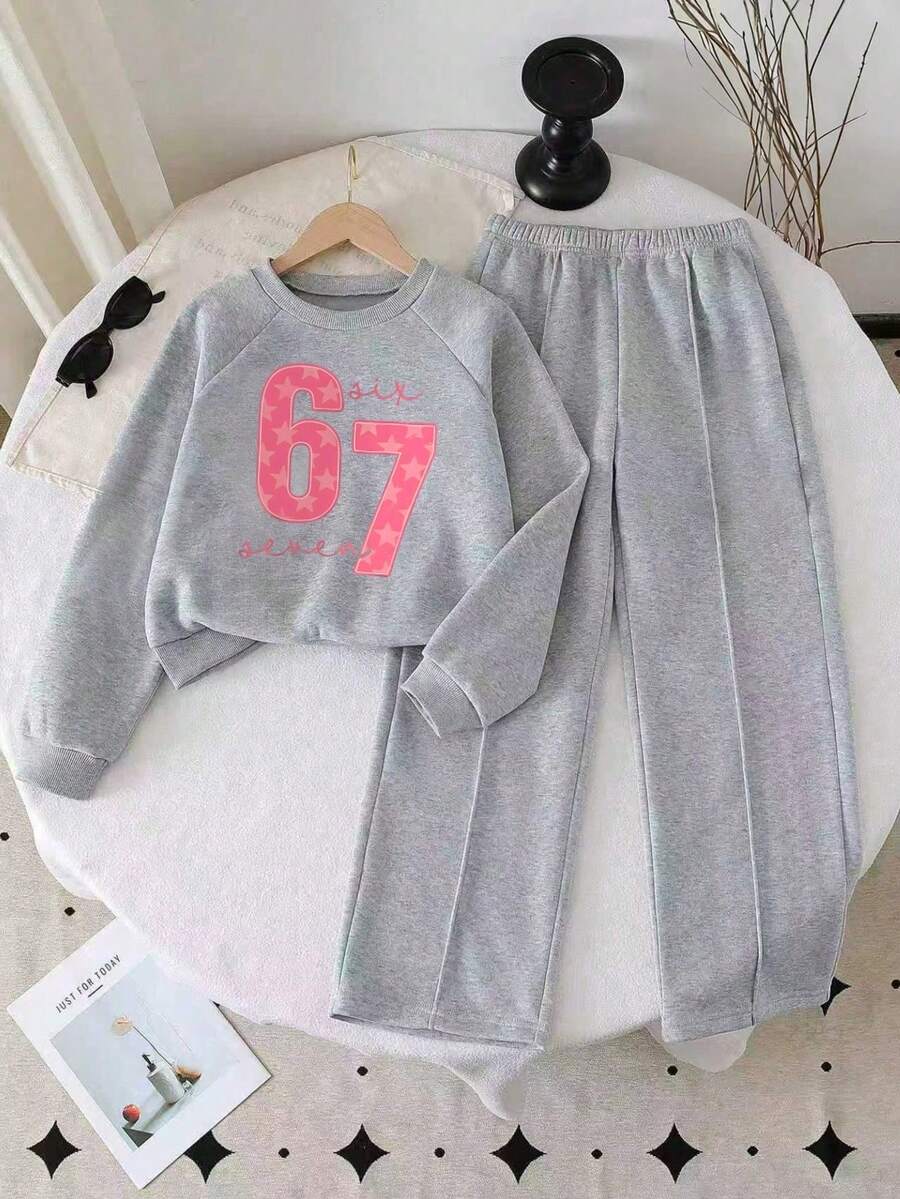 Young Girl Numeric Print Raglan Sleeve Crew Neck Sweatshirt And Wide Leg Pants Casual Suit - Grey - View 1