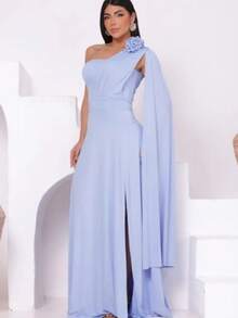 Women's Long Party Dress, One Shoulder, Draped With Slit – Elegant Fluit Fabric For Bridesmaids, Weddings, And Graduations – One Size Fits All. Elegant Asymmetrical Party Dress For Weddings. - 淺藍色 - 查看 5