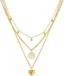 Juego de collares en 3 capas de corazón, con dije de arbol de la vida, collar de capas, collar de cadena cubana para mujer, Acero inoxidable, collares para mujer. - 1 - Ver 10