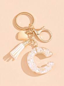 26 Choices Red Epoxy First Initial Letter Keychain, Cute Heart Tassel Keychain, Fashion Bag Accessory Wallet Charm Pendant, Party Favors, Suitable As Gifts For Friends - Beige - View 34