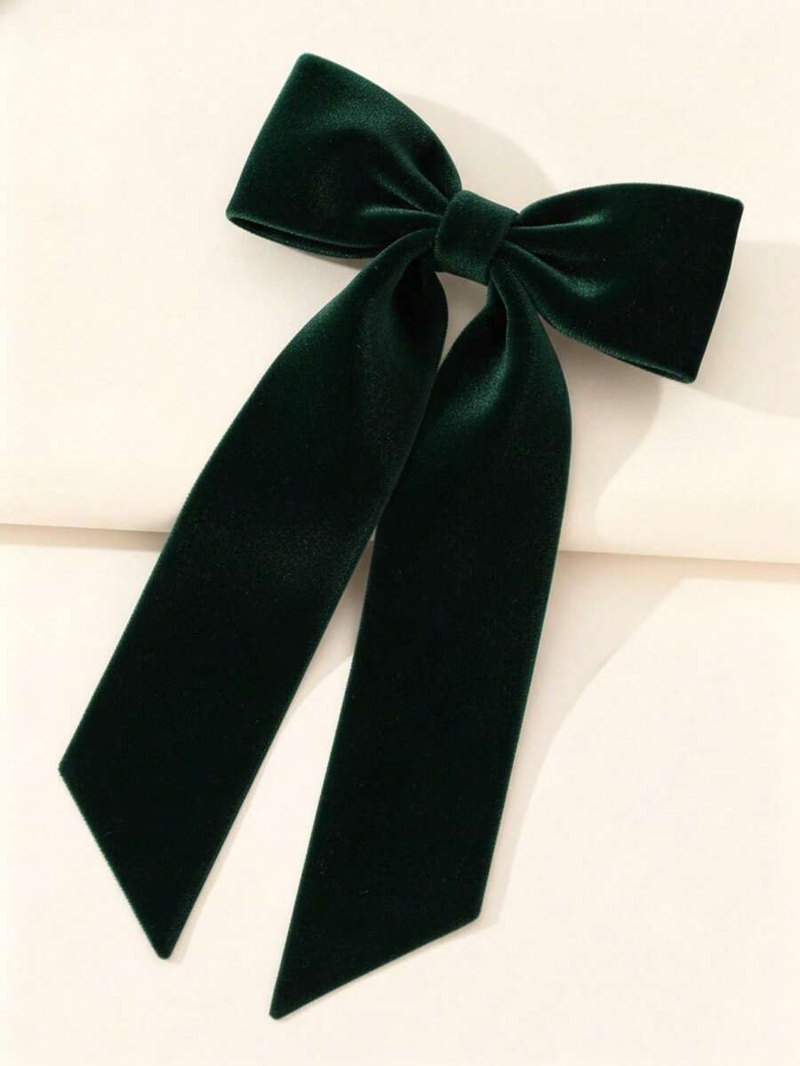 1 pièce Nœud de cheveux en velours de Noël, couleur unie, nœud vert foncé mignon, ruban pour queue de cheval, accessoires, pinces à cheveux métalliques, accessoires de cheveux d'hiver pour femmes et filles - Vert sapin - Voir 1