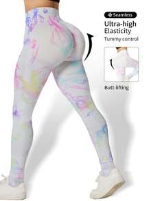2pcs Seamless High-Elasticity Print Sportswear,Women's Racerback And Detachable Chest Pad Design Underwear,High Waist And Tucked Abdomen Sports Leggings For Women,Workout Sets For Women,Gym Clothes Women - 白印花 - 查看 2