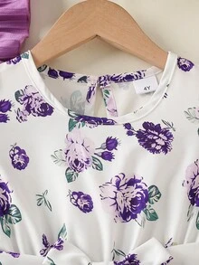 两件套少女优雅休闲连衣裙，荷叶袖，露背，荷叶边下摆，配腰带，夏季 - 淡紫色 - 查看 4