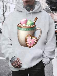Men's Hooded Sweatshirt, Casual Style Men's Hooded T-Shirt With Hot Chocolate Mug Print Featuring Marshmallows, Heart-Shaped Cookie And Cinnamon Stick, Christmas Design Ideal For Everyday Wear, Social Events, Winter Festivities, Christmas Outfit Ideas, Perfect For Outdoor Activities, Parties, And The Best Gift For Friends. - 灰色 - 查看 6