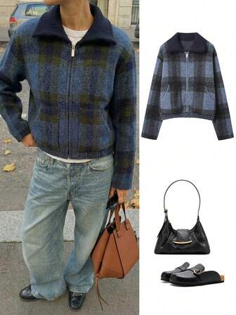 Women's Autumn/Winter Fashion Turndown Collar Long Sleeve Plaid Knitted Zip-Up Casual Cardigan