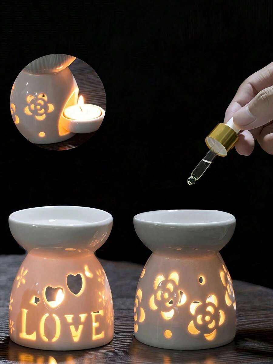 1 pièce de bougeoir en céramique blanche creuse avec motif en forme de cœur ou de fleur, chauffe-bougie, diffuseur d'huiles essentielles parfumées pour la famille, Saint-Valentin, Ramadan, Noël, mariage, Nouvel An chinois, automne, anniversaire, hiver, décoration de la maison, cadeau, chambre à coucher, salle à manger, salon, décoration d'ambiance