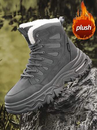 Men's Snow Boots, Thermal Lined, Thick For Autumn/Winter, Fashion Versatile High-Top Mid-Calf, Anti-Slip, Cold-Resistant, Lace-Up Design, Fluffy Lining, Warm, Outdoor Essential, Ski Sports Comprehensive Training Boots, Leather & Mesh Splicing, Dark Color, Durable, Dirt-Resistant, Wear-Resistant Work Boots