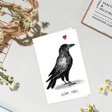1pc Funny Crow "I Love You" Heart-Shaped Greeting Card, Black & White Minimalist Romantic Design With Red Heart Accents, Unique Anniversary, Valentine's Day Gift For Boyfriend, Girlfriend, Husband, Wife, Birthday Party & Couples Event Supplies - Multicolor - View 4