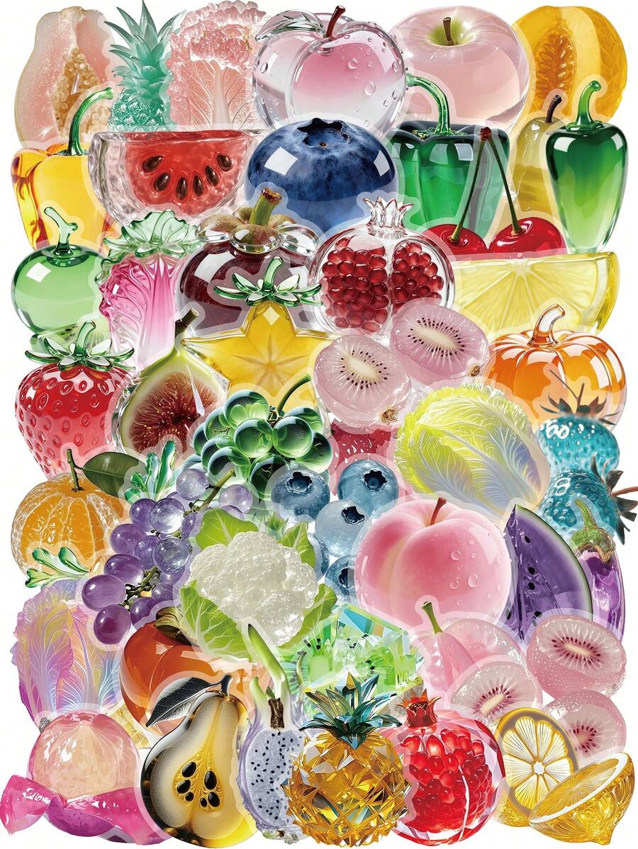 53 PIEZAS/PAQUETE Paquete de pegatinas con tema de frutas de cristal | Calcomanías estéticas brillantes para accesorios de teléfono, metal y decoración de artículos de uso diario - Multicolor - Ver 1